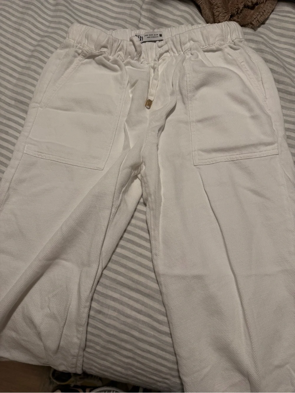 Zara Women's White Linen Straight-Leg Drawstring Pants